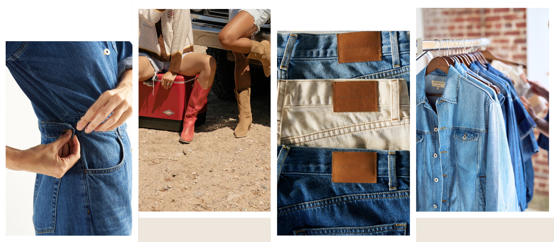 Collage of denim products including jeans and shirts with visible brand logo.