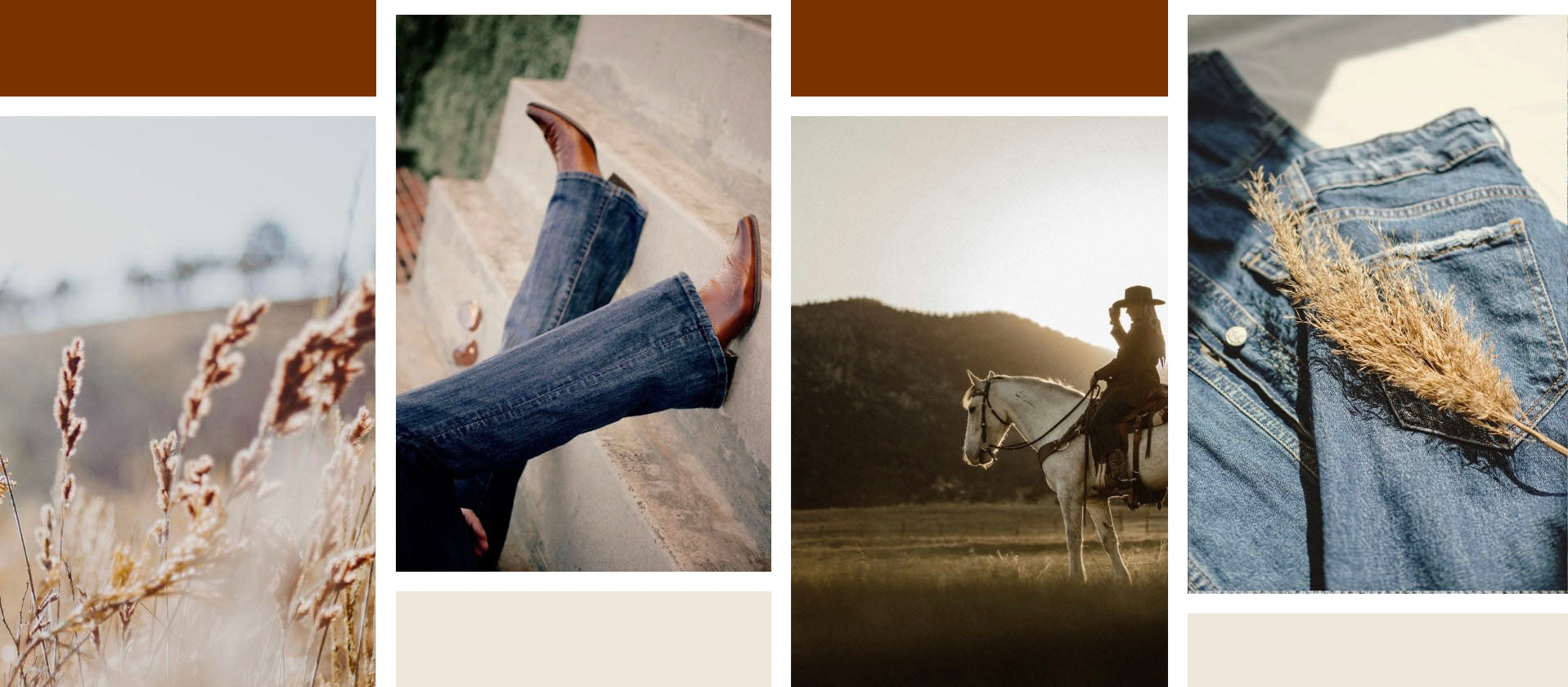 Collage of images featuring jeans and a horse, with a warm color palette.