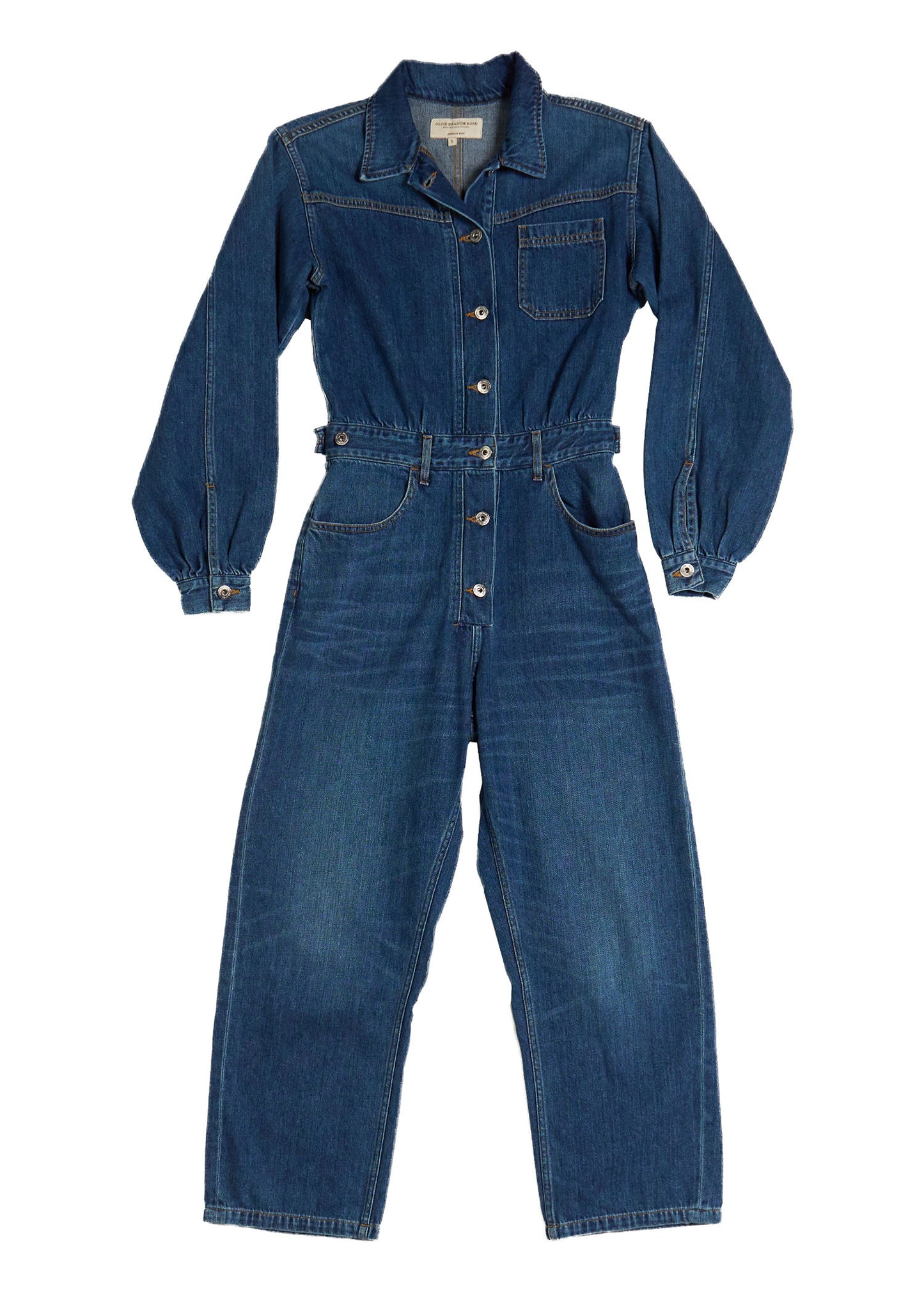 Blue denim jumpsuit on a white background