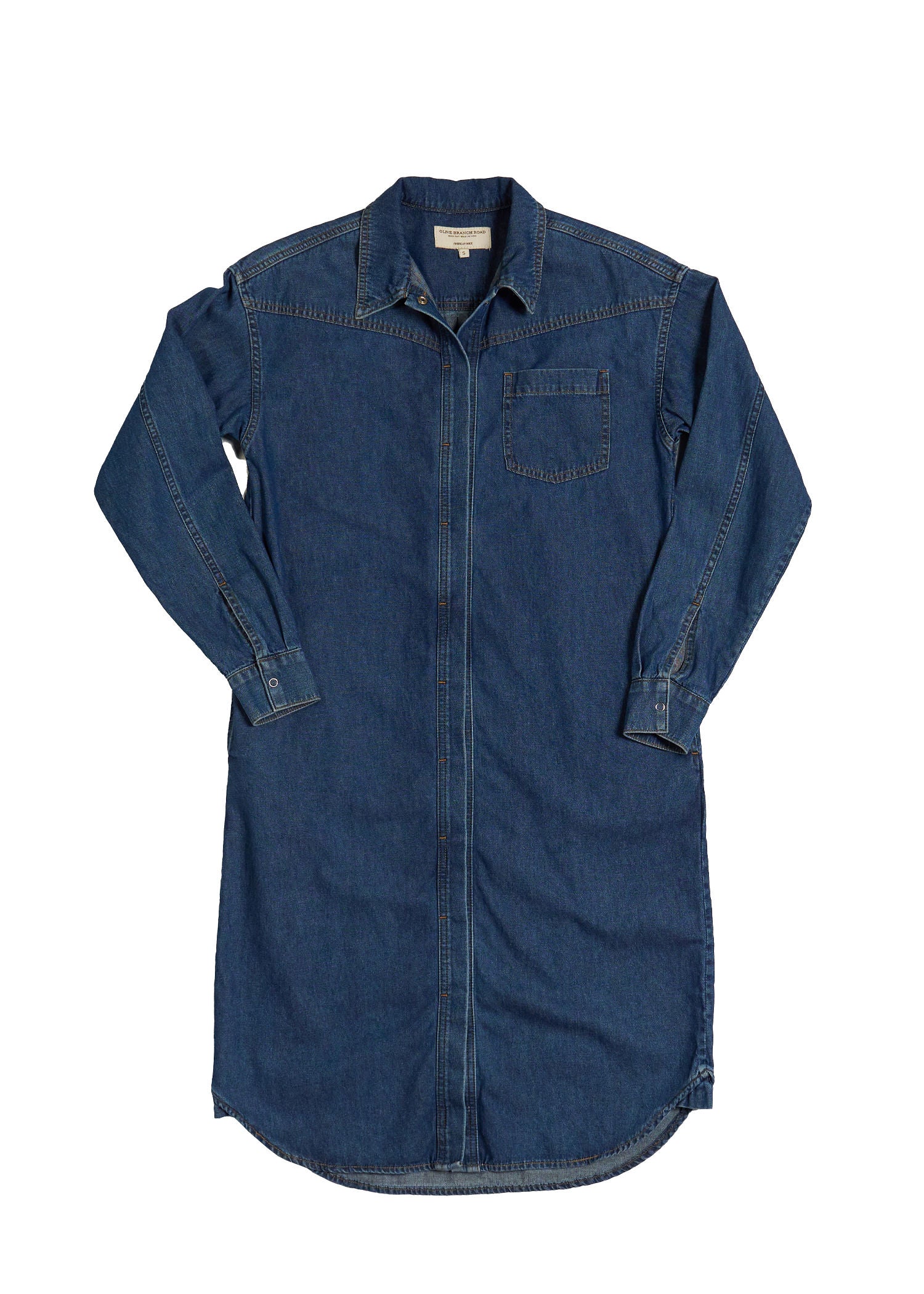 Blue denim dress/shacket on a white background
